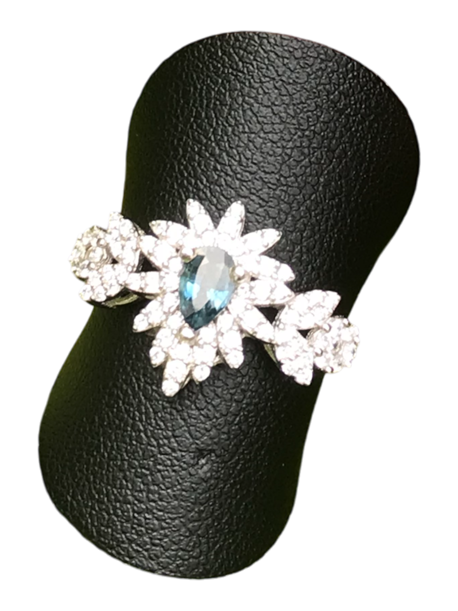 Natural Blue Sapphire Floral Ring - Pear Cut Teal Blue Center with CZ Petal Halo in Sterling Silver