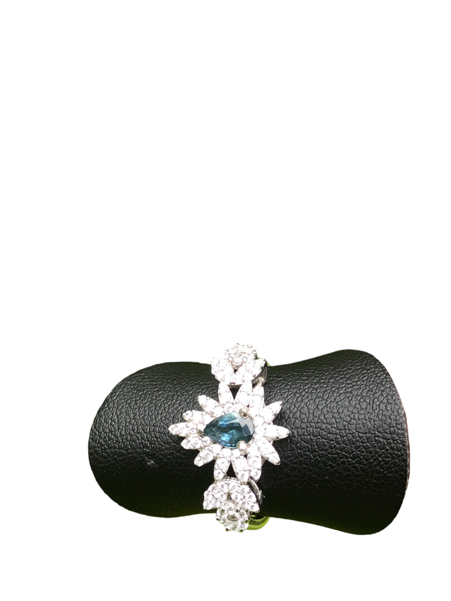 Natural Blue Sapphire Floral Ring - Pear Cut Teal Blue Center with CZ Petal Halo in Sterling Silver
