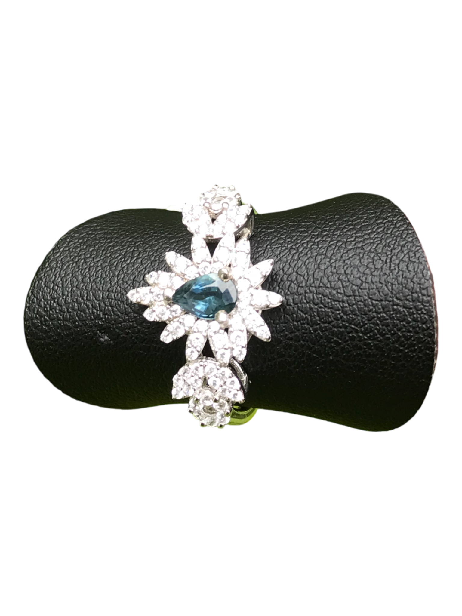 Natural Blue Sapphire Floral Ring - Pear Cut Teal Blue Center with CZ Petal Halo in Sterling Silver