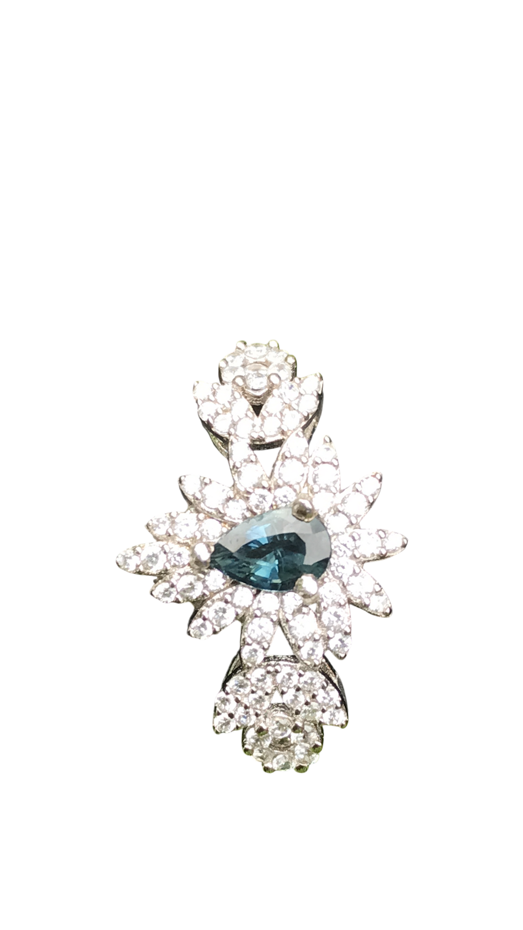 Natural Blue Sapphire Floral Ring - Pear Cut Teal Blue Center with CZ Petal Halo in Sterling Silver