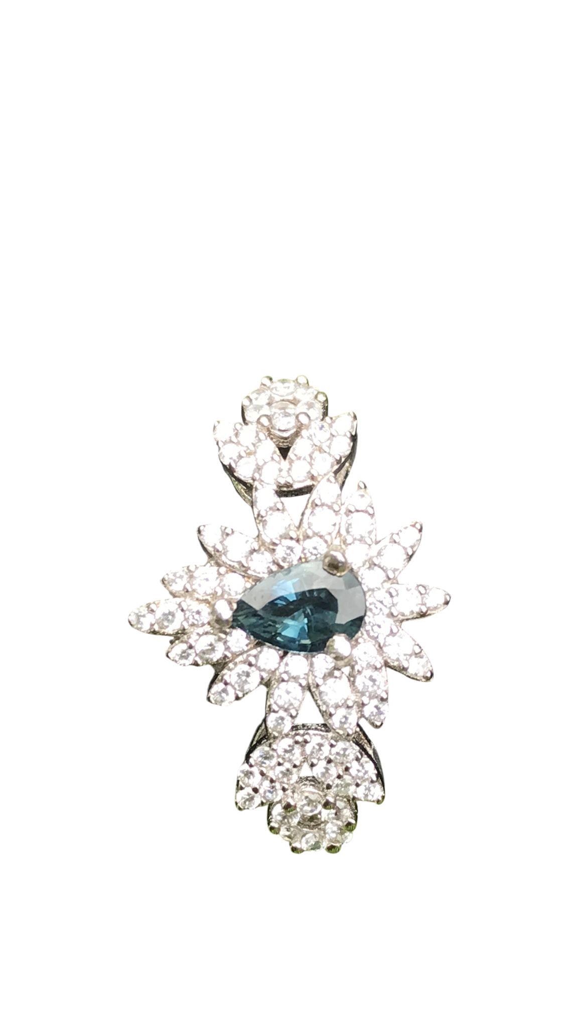 Natural Blue Sapphire Floral Ring - Pear Cut Teal Blue Center with CZ Petal Halo in Sterling Silver