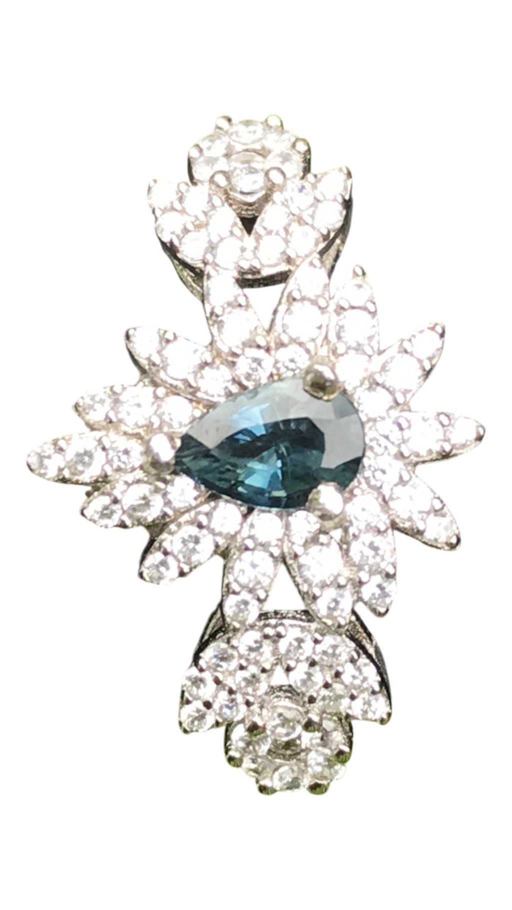 Natural Blue Sapphire Floral Ring - Pear Cut Teal Blue Center with CZ Petal Halo in Sterling Silver
