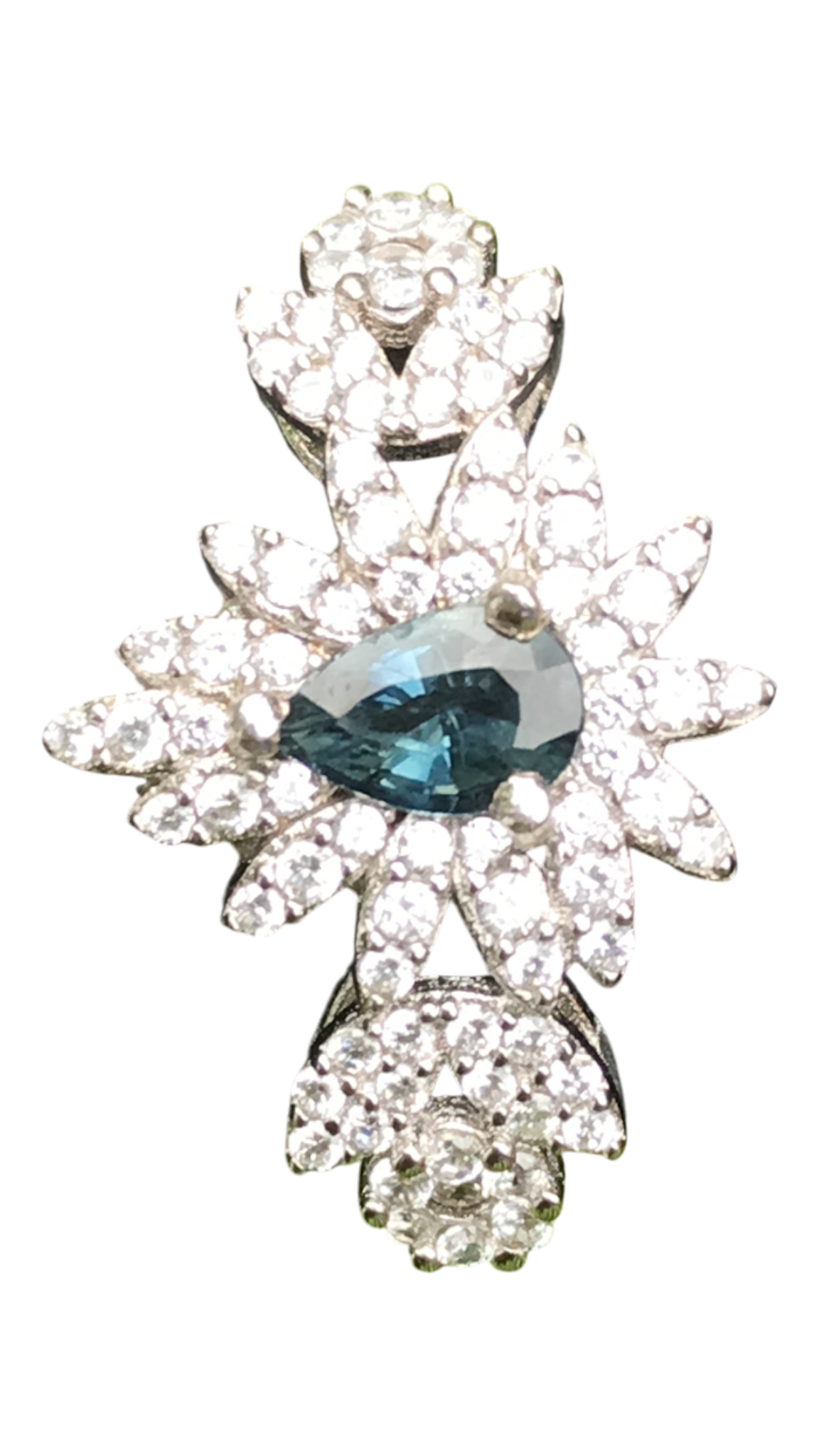 Natural Blue Sapphire Floral Ring - Pear Cut Teal Blue Center with CZ Petal Halo in Sterling Silver