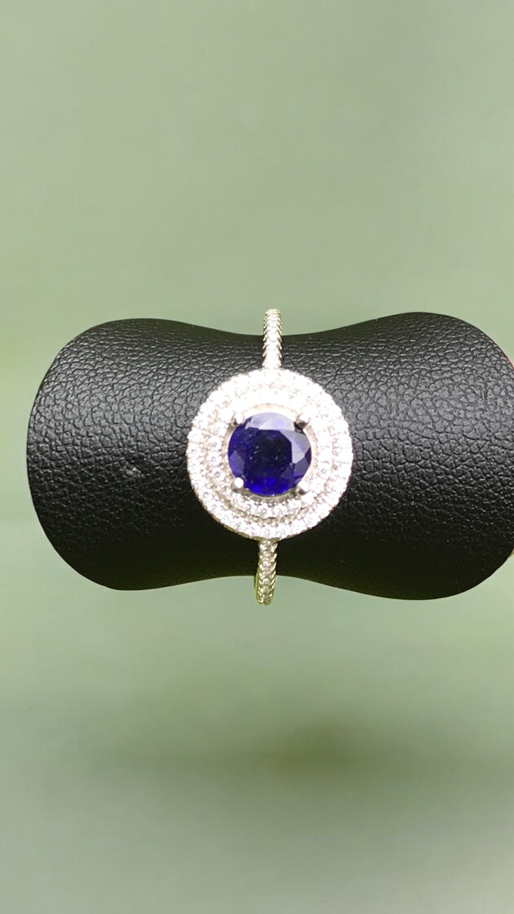 Natural Blue Sapphire Halo Ring - Round Royal Blue Center with CZ Accents in Sterling Silver