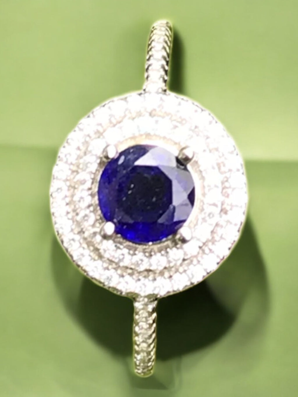 Natural Blue Sapphire Halo Ring - Round Royal Blue Center with CZ Accents in Sterling Silver