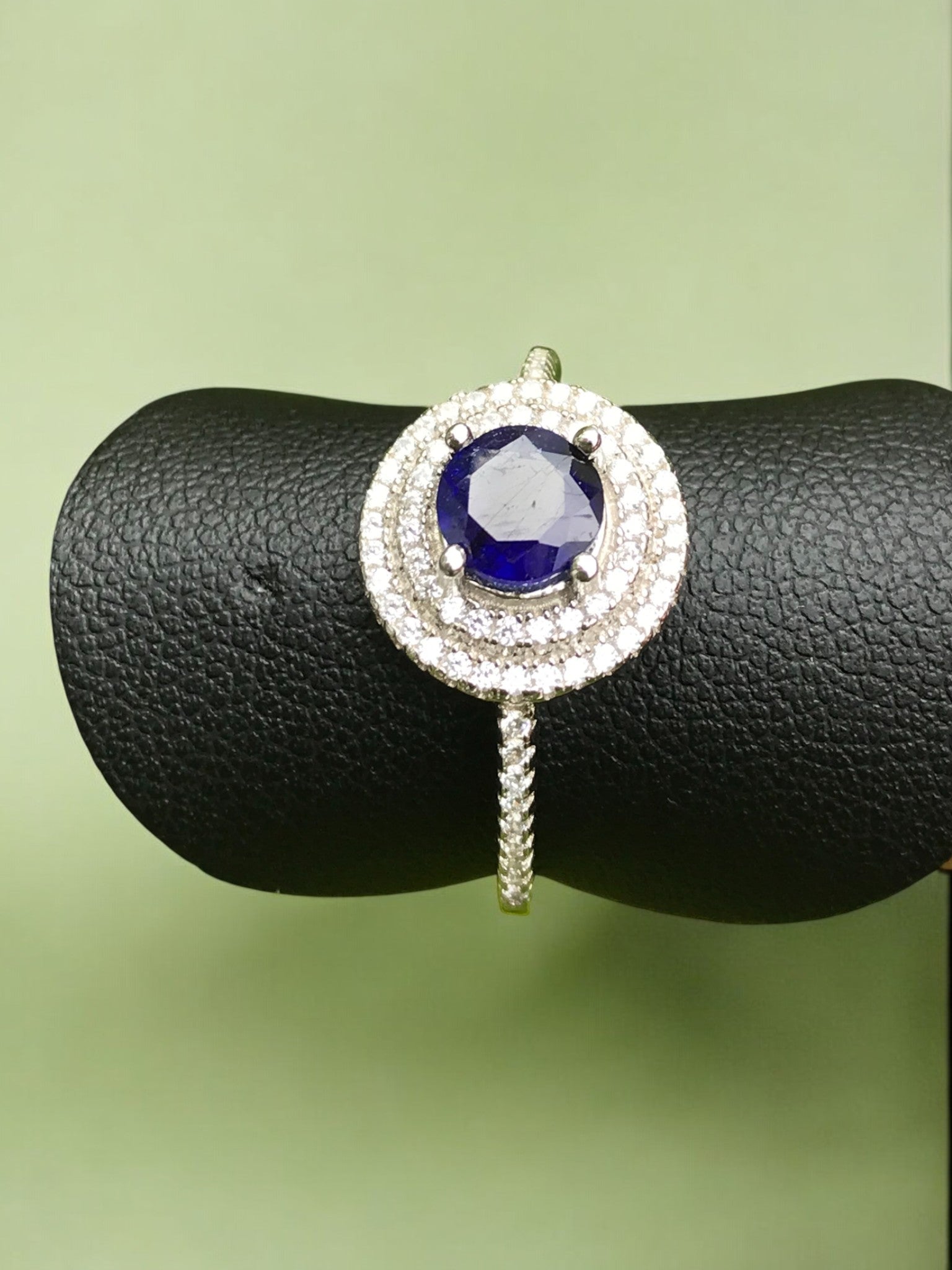 Natural Blue Sapphire Halo Ring - Round Royal Blue Center with CZ Accents in Sterling Silver