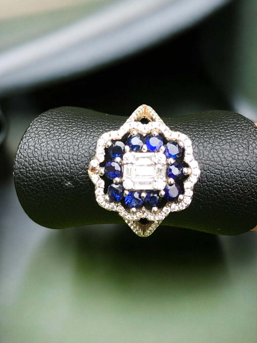 Natural Blue Sapphire Cluster Ring - Multi Round Sapphires with CZ Halo in Sterling Silver
