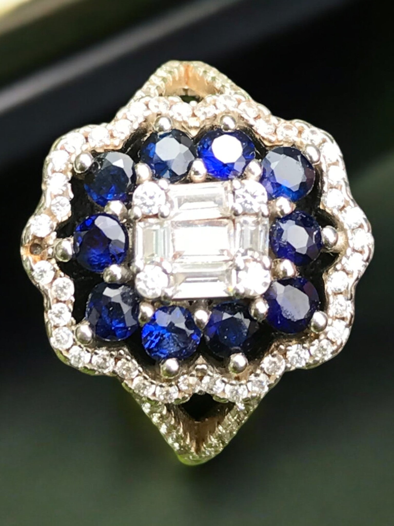 Natural Blue Sapphire Cluster Ring - Multi Round Sapphires with CZ Halo in Sterling Silver