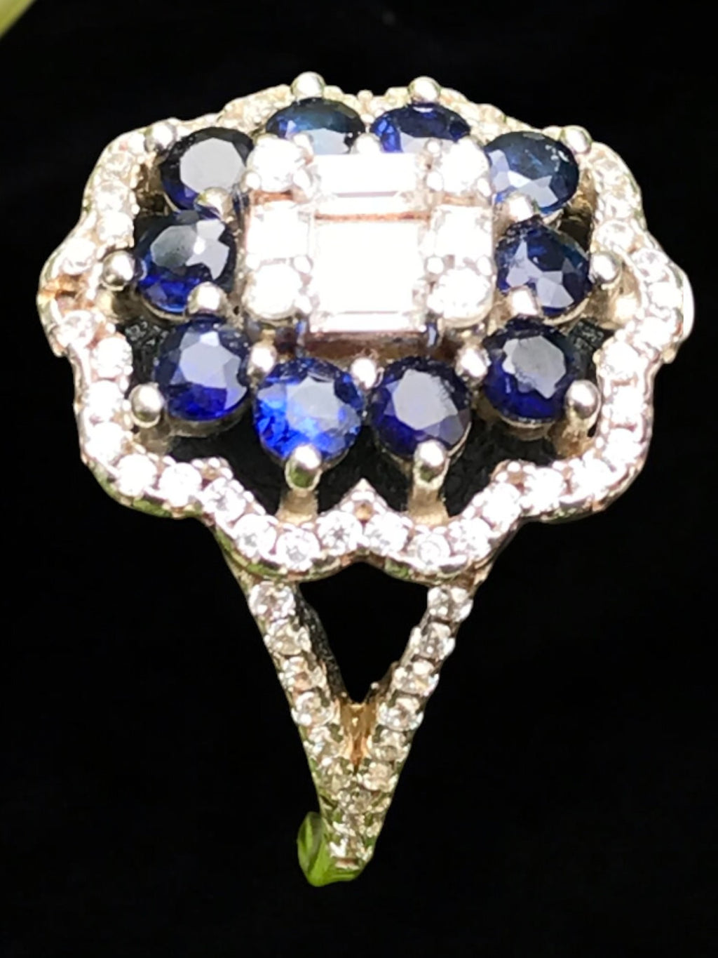 Natural Blue Sapphire Cluster Ring - Multi Round Sapphires with CZ Halo in Sterling Silver