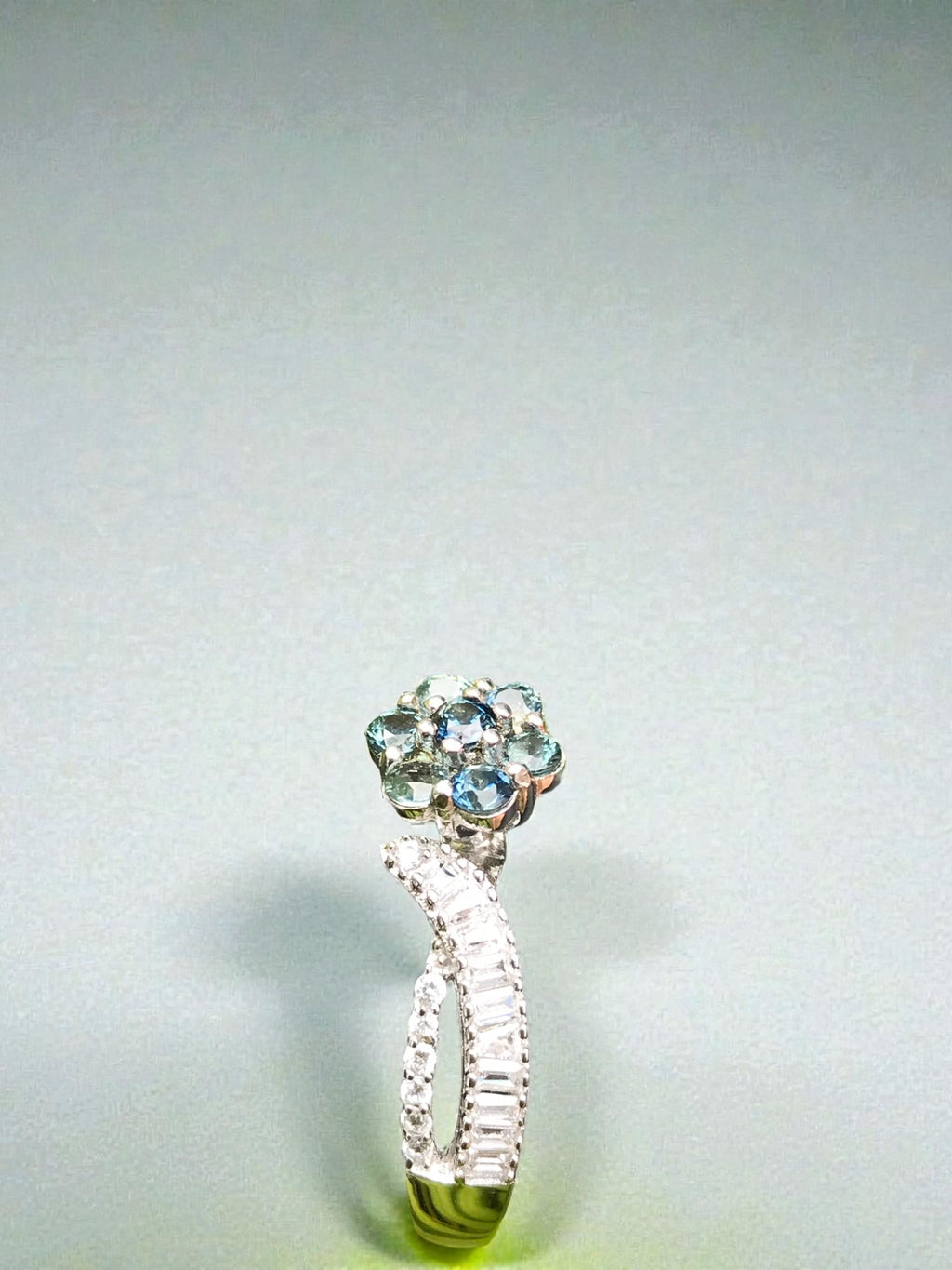 Natural Teal Sapphire Floral Cluster Ring - Blue-Green Flower Design with CZ Accents in Sterling Silver