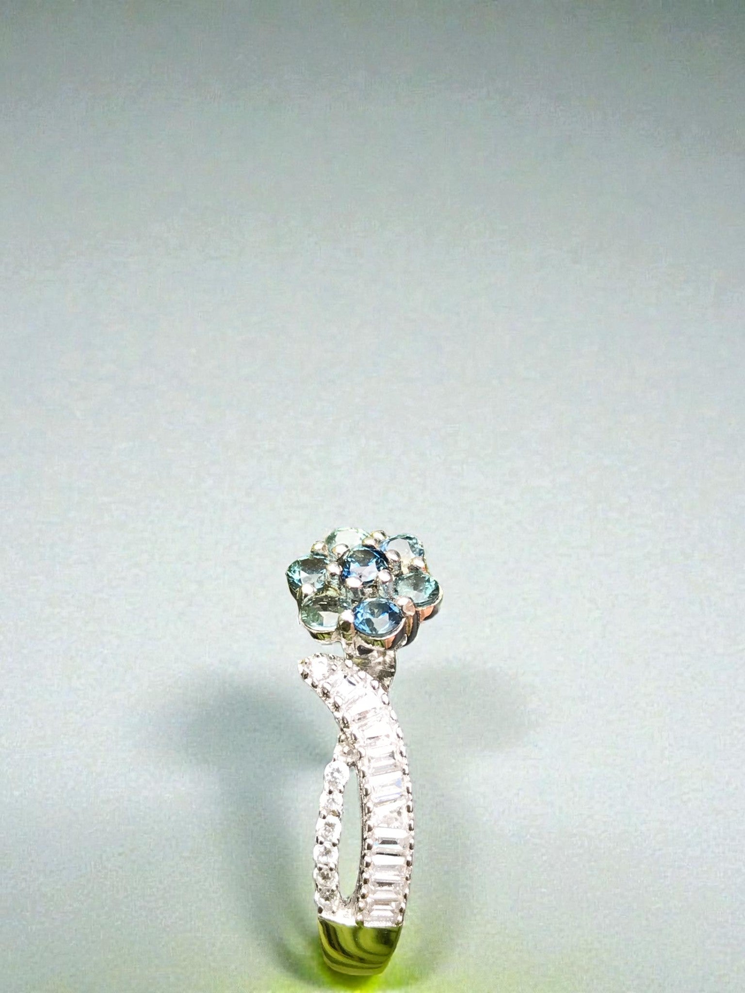 Natural Teal Sapphire Floral Cluster Ring - Blue-Green Flower Design with CZ Accents in Sterling Silver