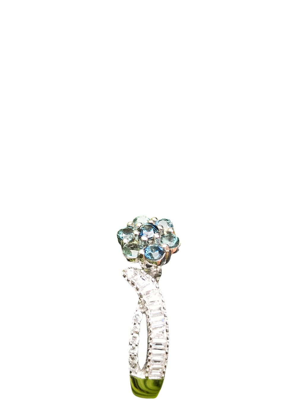 Natural Teal Sapphire Floral Cluster Ring - Blue-Green Flower Design with CZ Accents in Sterling Silver