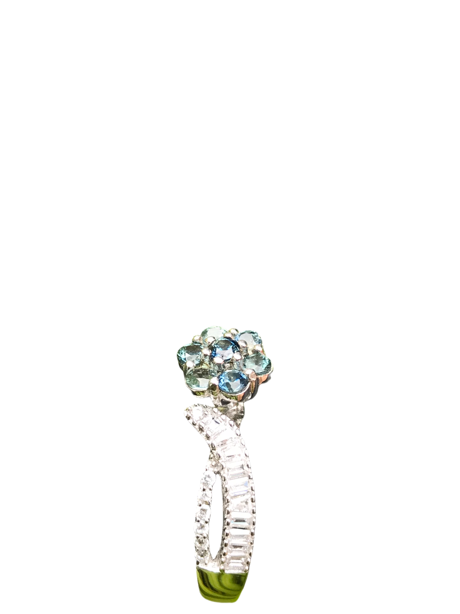 Natural Teal Sapphire Floral Cluster Ring - Blue-Green Flower Design with CZ Accents in Sterling Silver