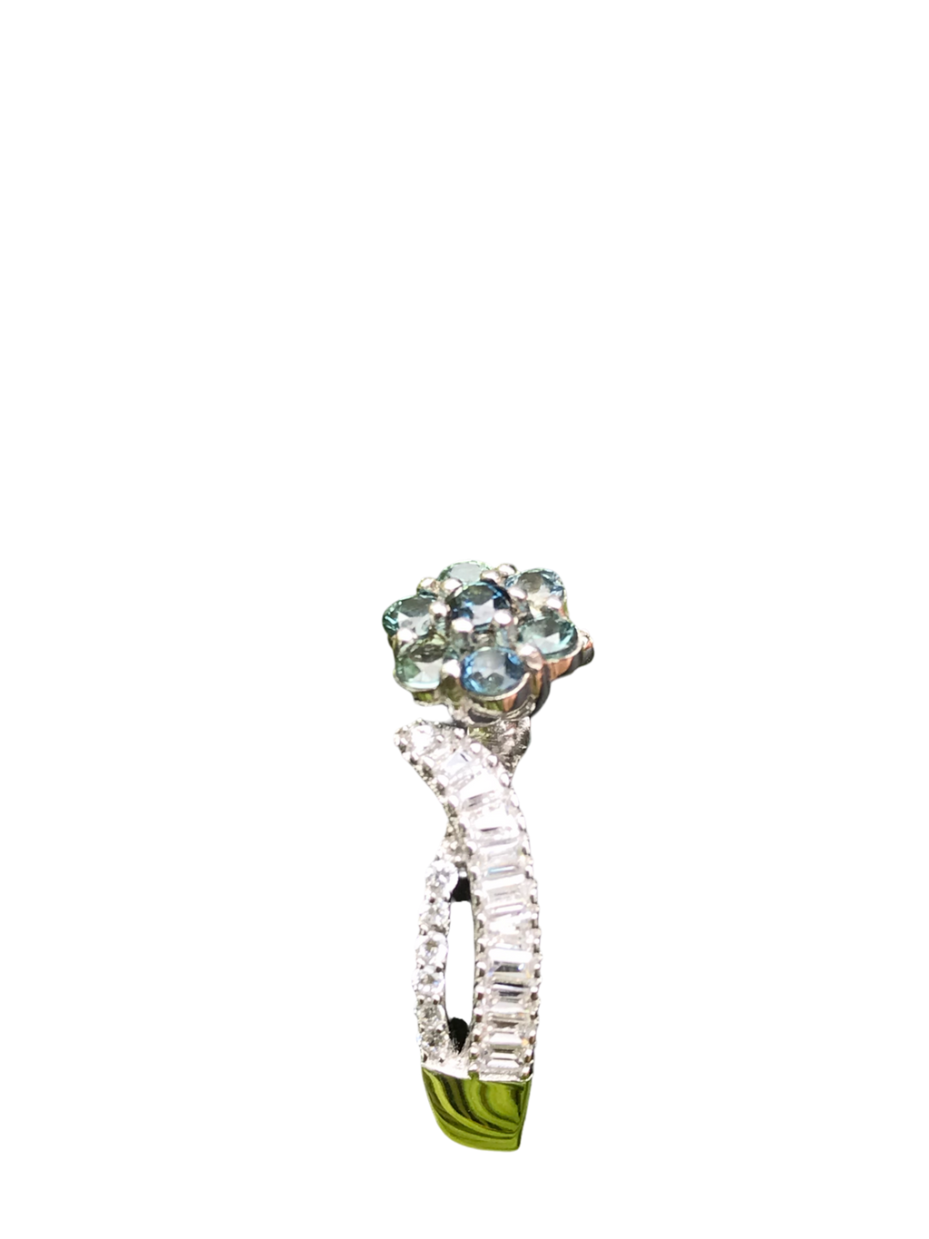 Natural Teal Sapphire Floral Cluster Ring - Blue-Green Flower Design with CZ Accents in Sterling Silver