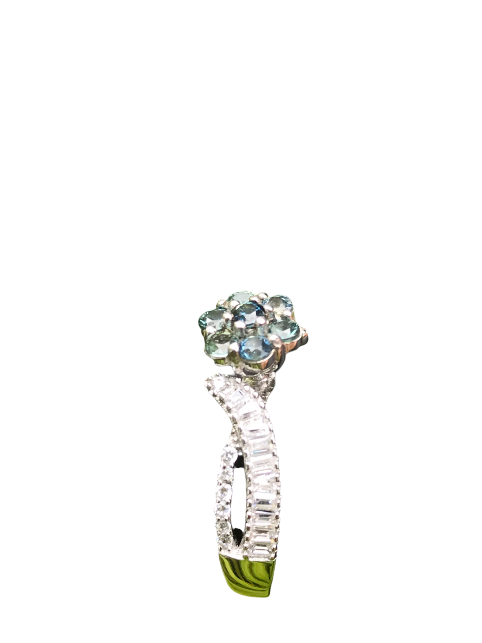 Natural Teal Sapphire Floral Cluster Ring - Blue-Green Flower Design with CZ Accents in Sterling Silver