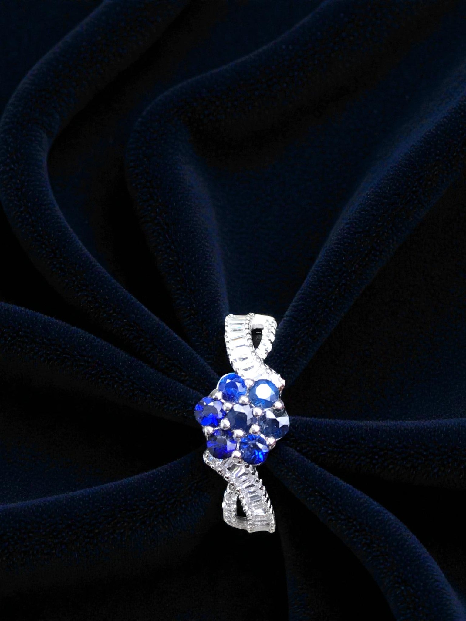 Natural Blue Sapphire Floral Cluster Ring - Deep Royal Blue Flower Design with CZ Accents in Sterling Silver
