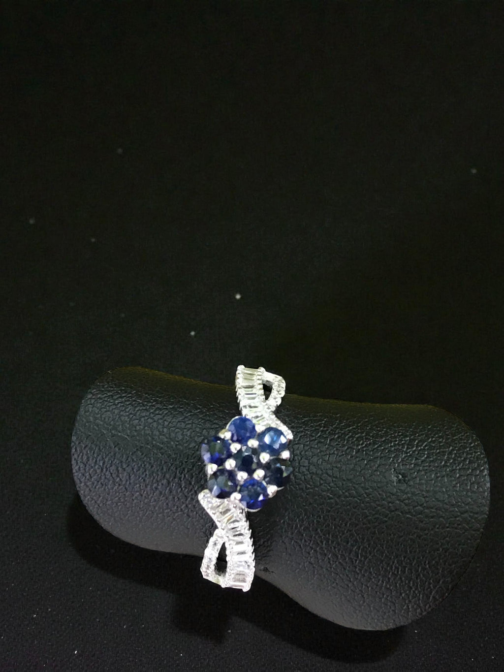 Natural Blue Sapphire Floral Cluster Ring - Deep Royal Blue Flower Design with CZ Accents in Sterling Silver