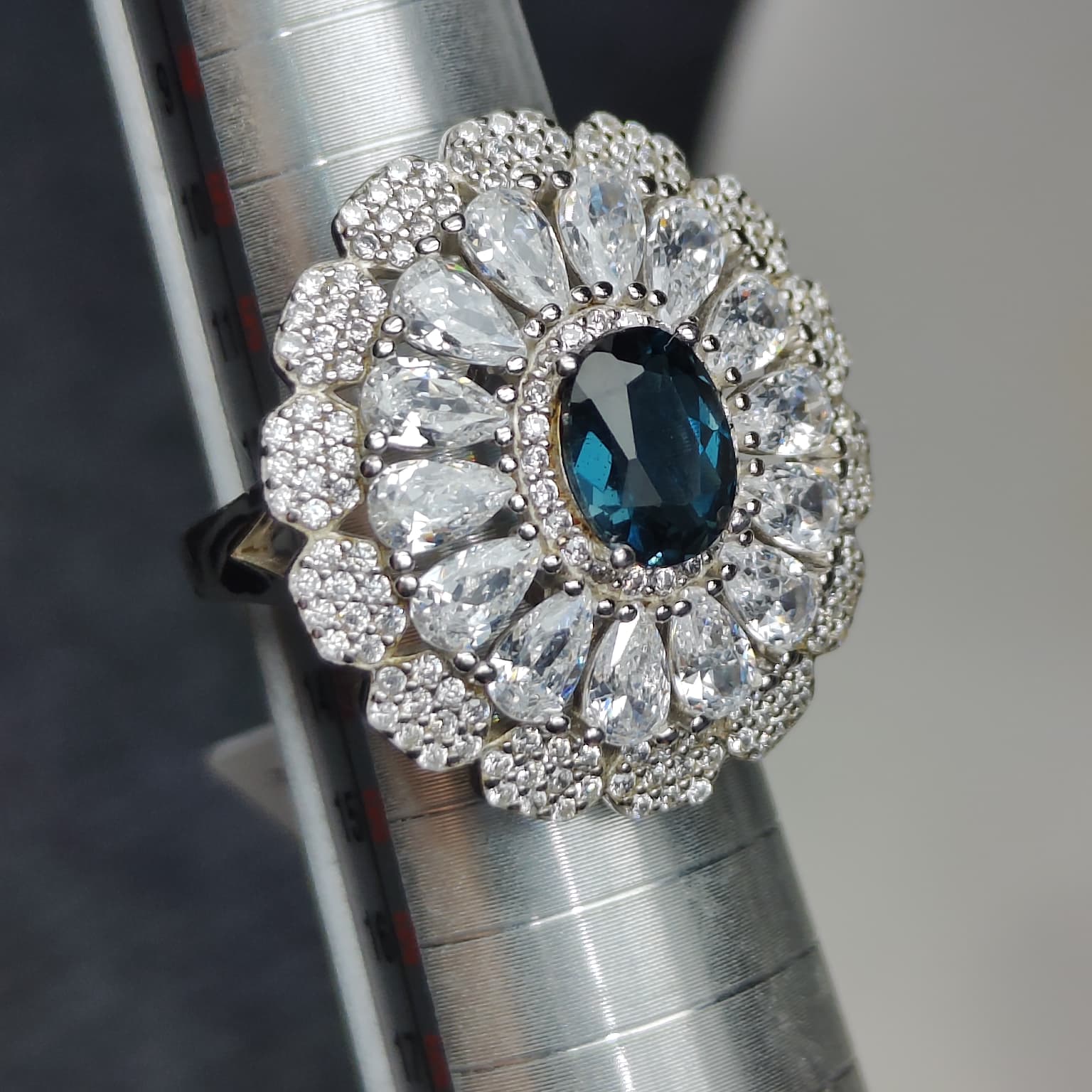 Midnight Bloom: Natural London Blue Topaz & CZ Petal Halo Statement Ring