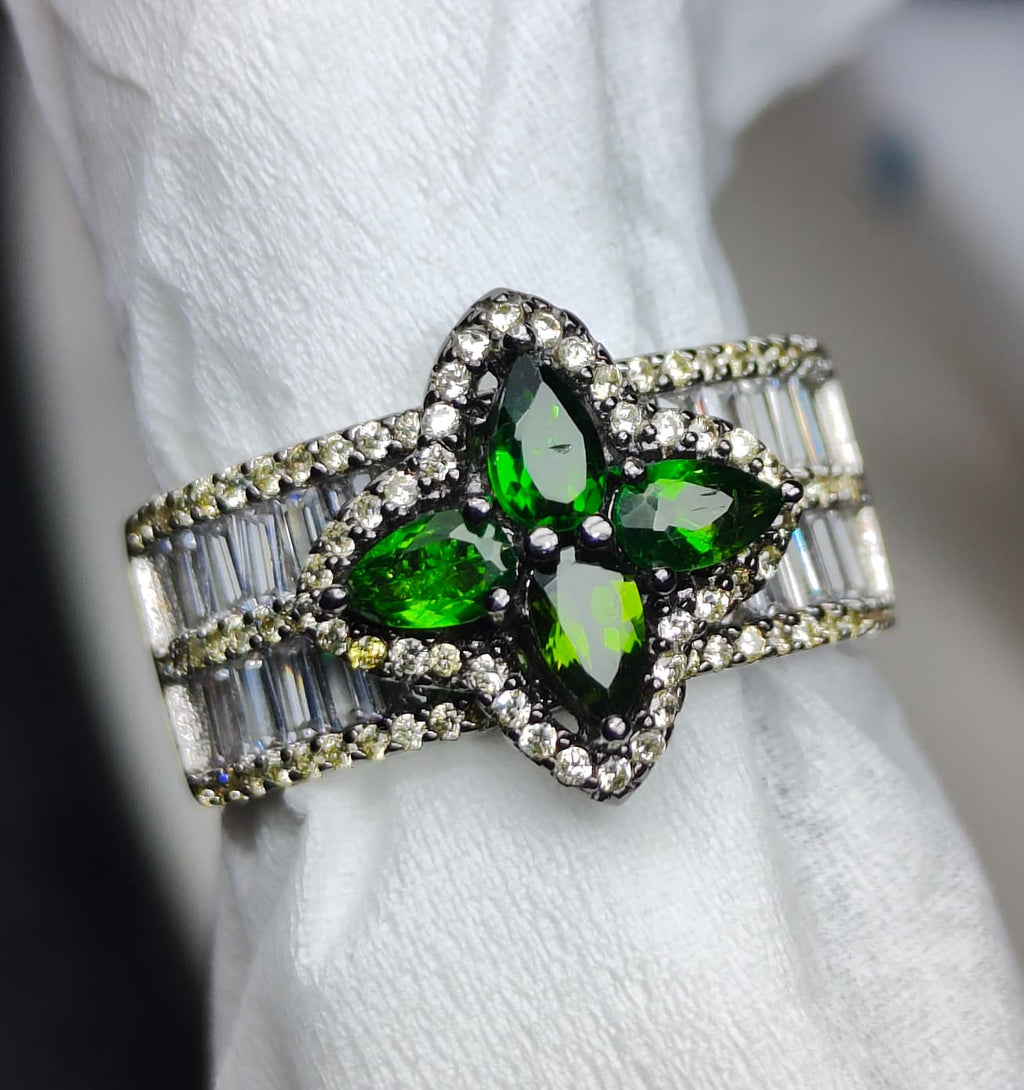Forest Majesty: Natural Chrome Diopside Cluster Ring with Baguette Accents in 925 Silver