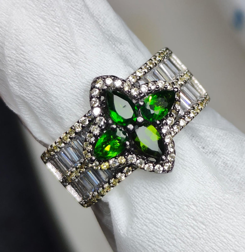 Forest Majesty: Natural Chrome Diopside Cluster Ring with Baguette Accents in 925 Silver