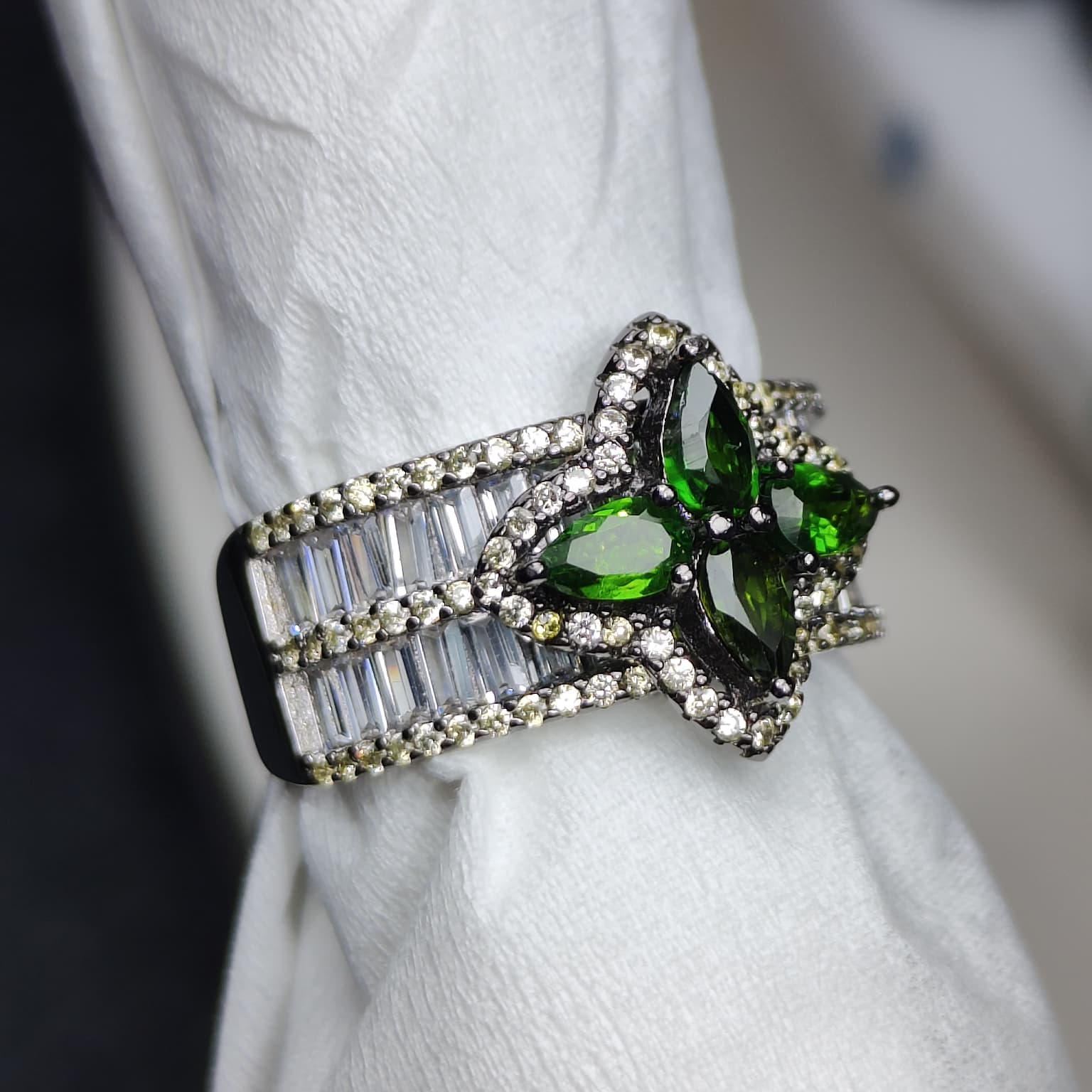 Forest Majesty: Natural Chrome Diopside Cluster Ring with Baguette Accents in 925 Silver