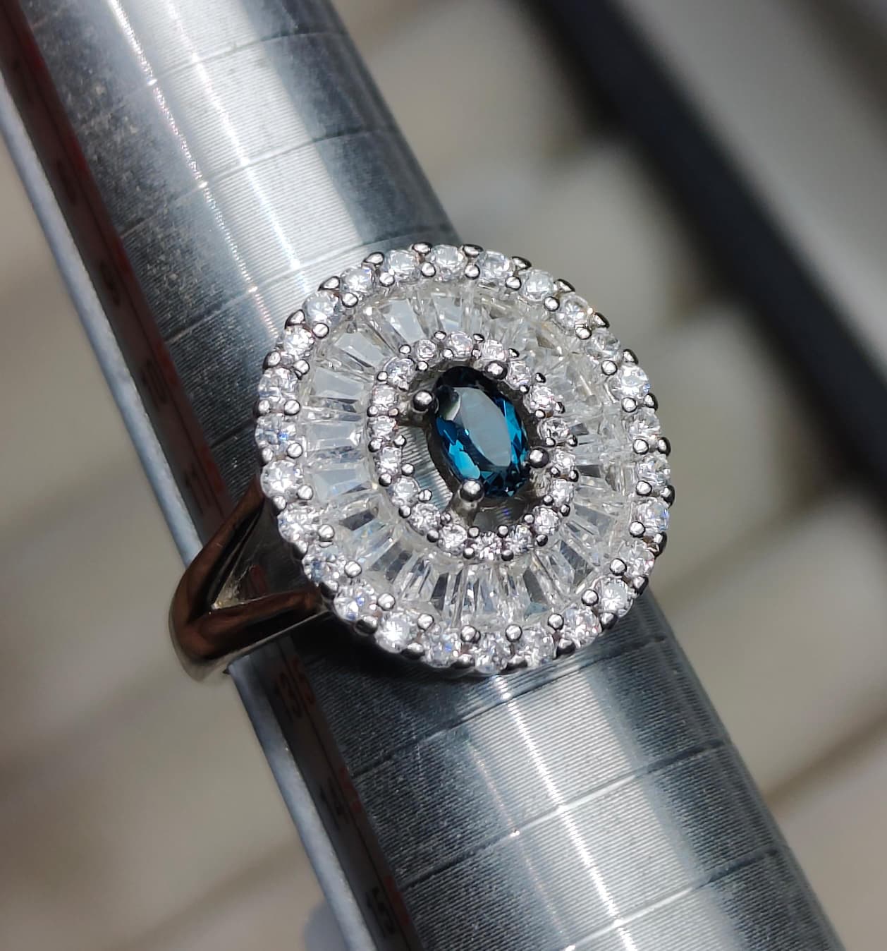 Midnight Sunburst: Natural London Blue Topaz Cocktail Ring with Baguette CZ Halo in 925 Silver