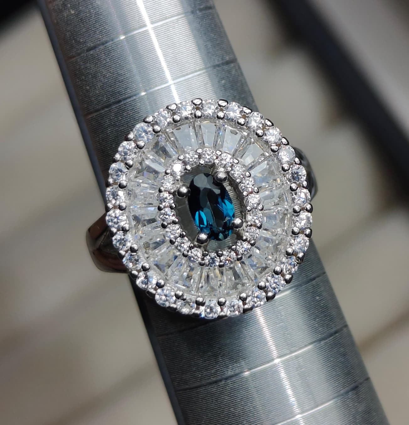 Midnight Sunburst: Natural London Blue Topaz Cocktail Ring with Baguette CZ Halo in 925 Silver