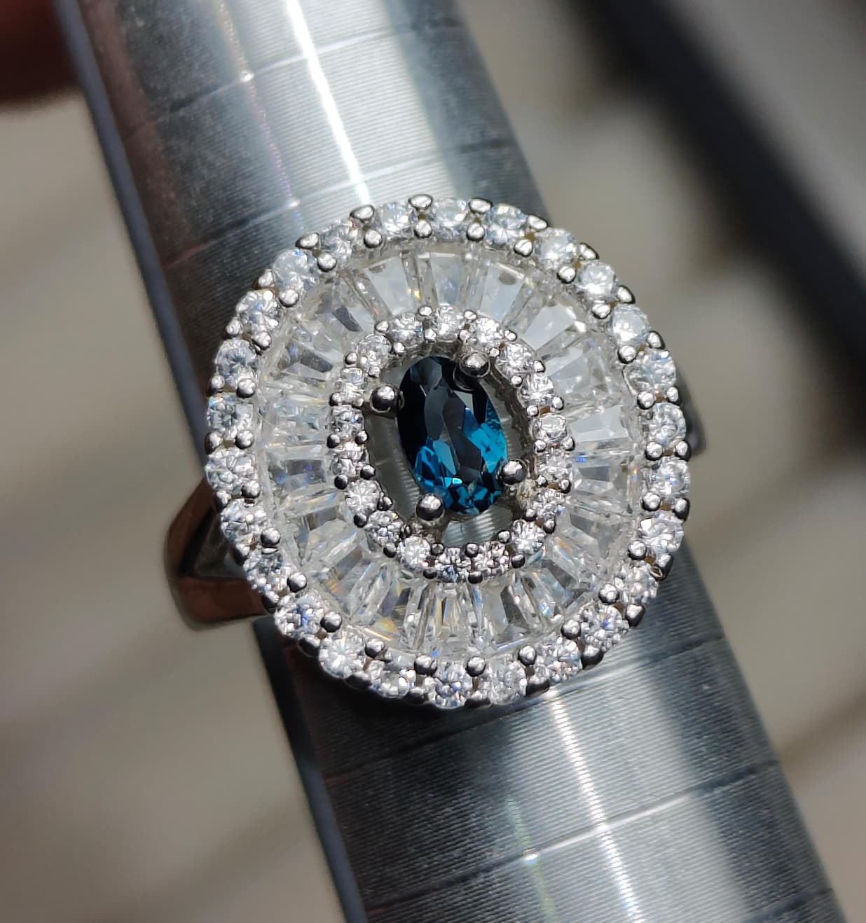 Midnight Sunburst: Natural London Blue Topaz Cocktail Ring with Baguette CZ Halo in 925 Silver