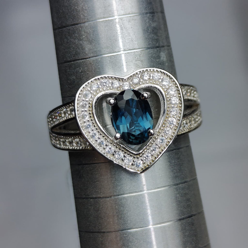 Heart of the Ocean: Natural London Blue Topaz & CZ Heart Halo Ring in 925 Silver