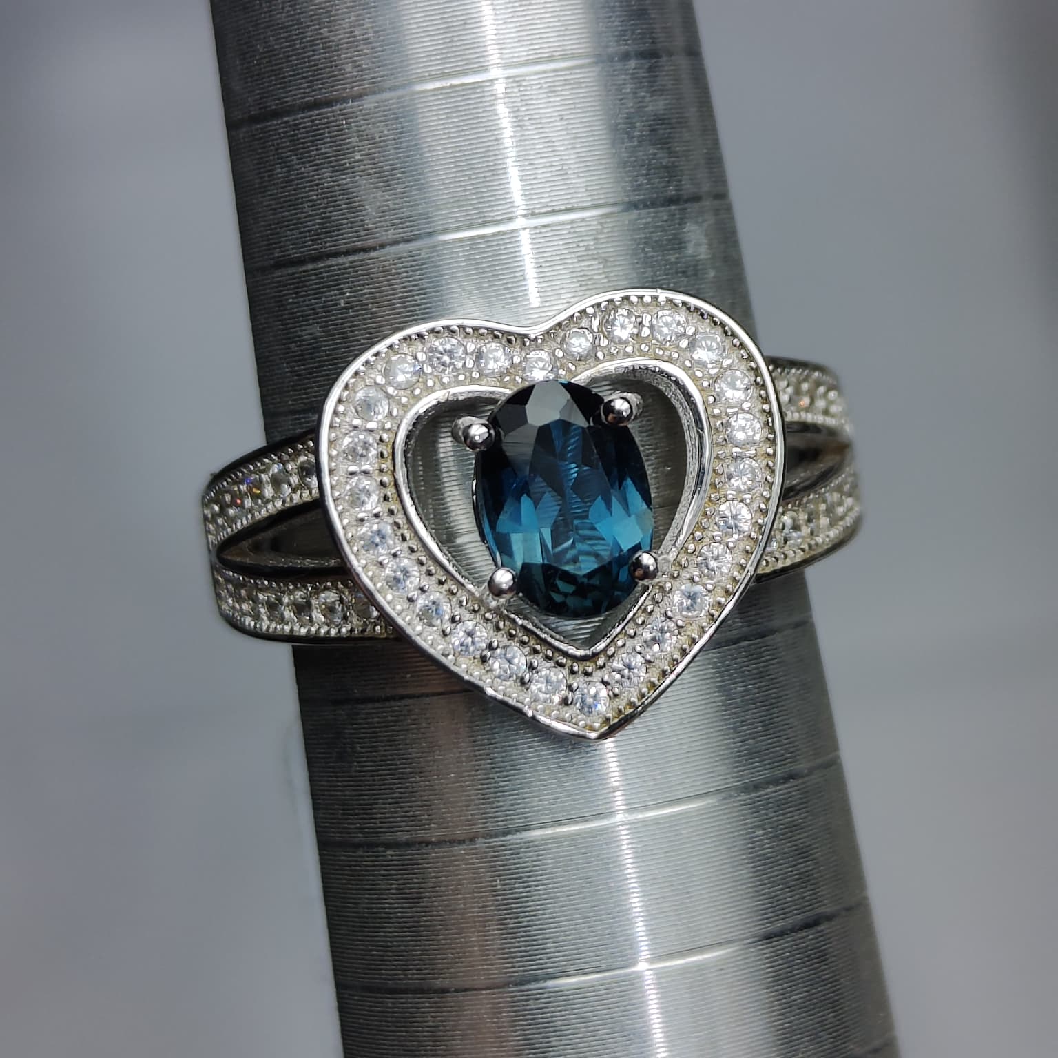 Heart of the Ocean: Natural London Blue Topaz & CZ Heart Halo Ring in 925 Silver