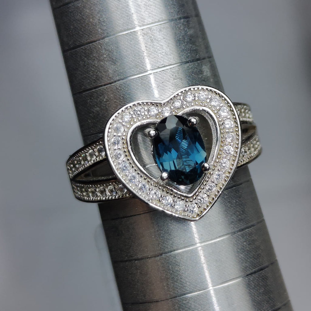 Heart of the Ocean: Natural London Blue Topaz & CZ Heart Halo Ring in 925 Silver