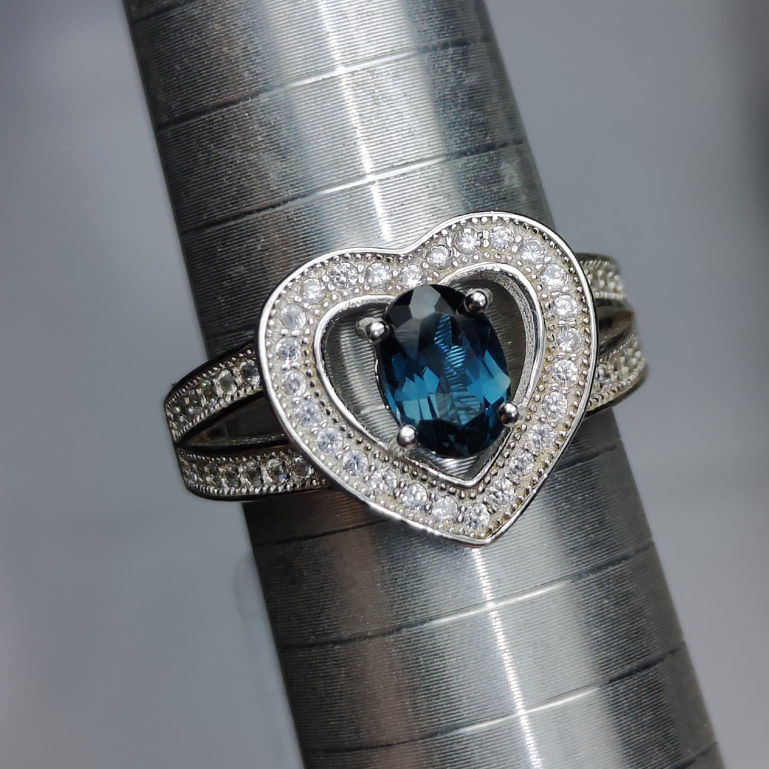 Heart of the Ocean: Natural London Blue Topaz & CZ Heart Halo Ring in 925 Silver