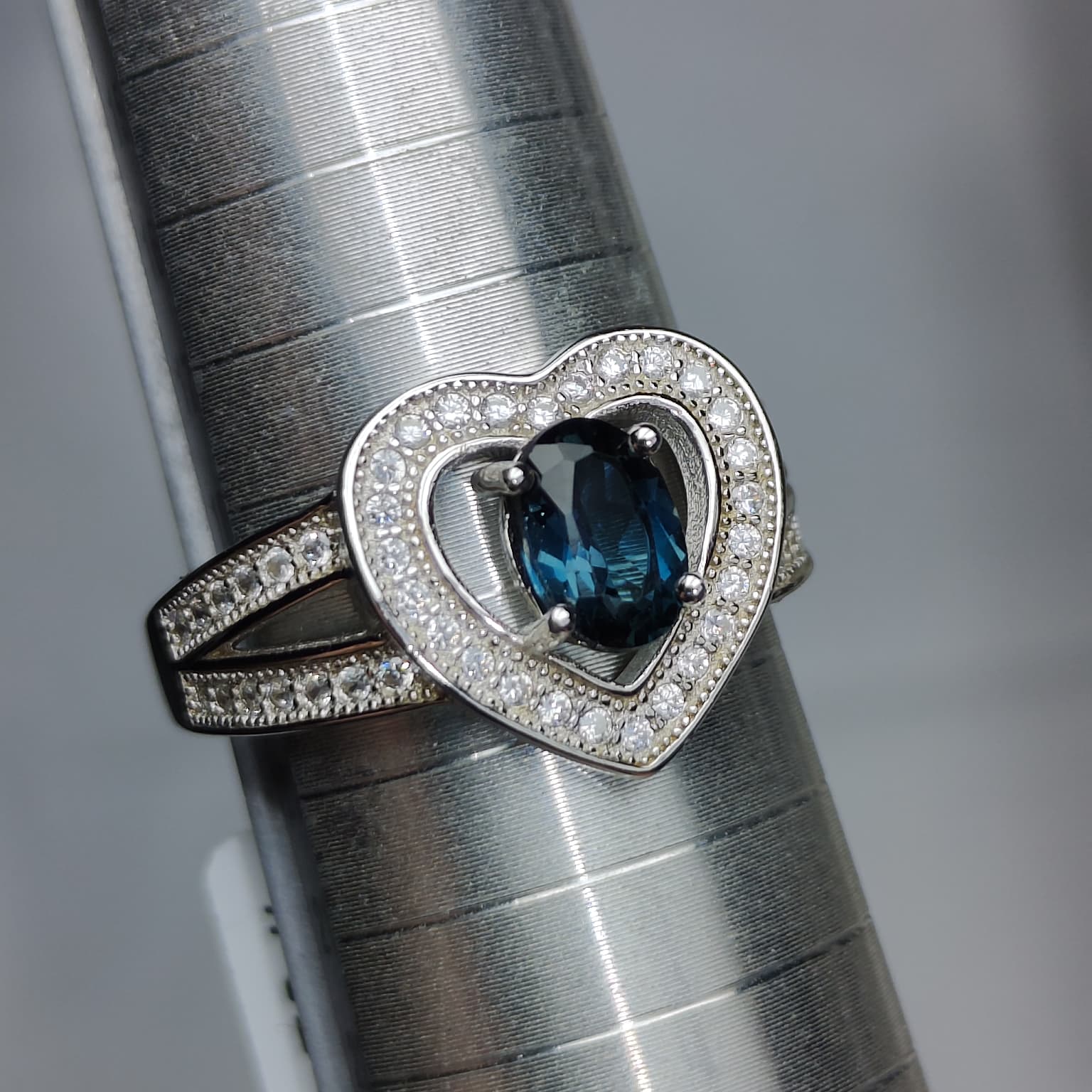 Heart of the Ocean: Natural London Blue Topaz & CZ Heart Halo Ring in 925 Silver