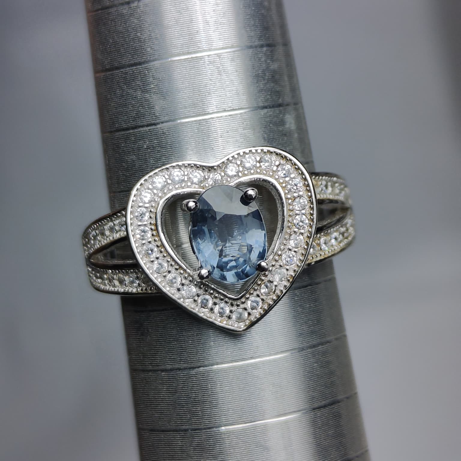 True Blue Heart: Natural Oval Blue Spinel Ring with CZ Pavé Heart Halo in 925 Silver