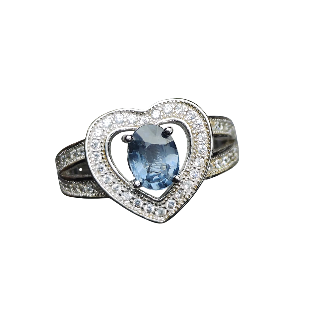 True Blue Heart: Natural Oval Blue Spinel Ring with CZ Pavé Heart Halo in 925 Silver