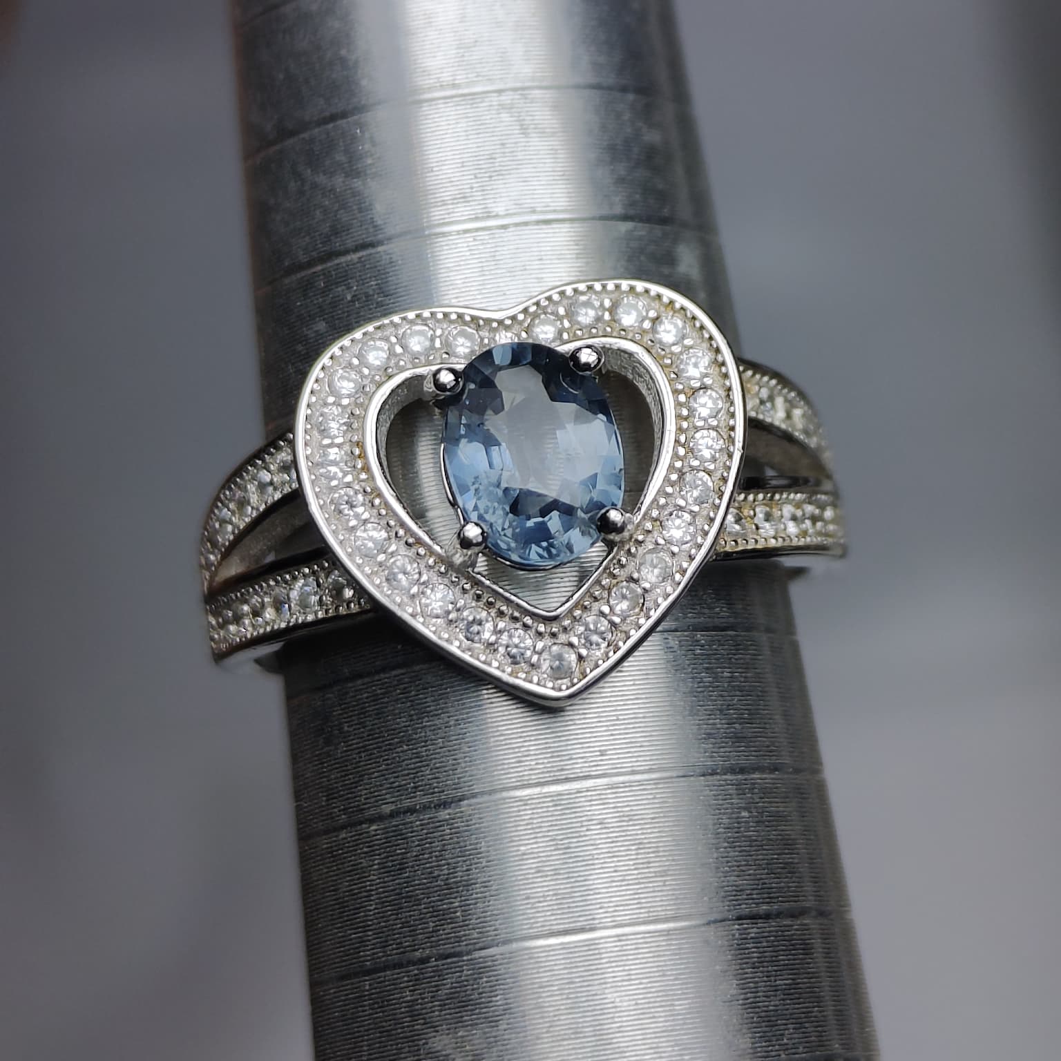 True Blue Heart: Natural Oval Blue Spinel Ring with CZ Pavé Heart Halo in 925 Silver
