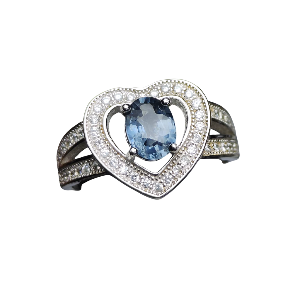 True Blue Heart: Natural Oval Blue Spinel Ring with CZ Pavé Heart Halo in 925 Silver
