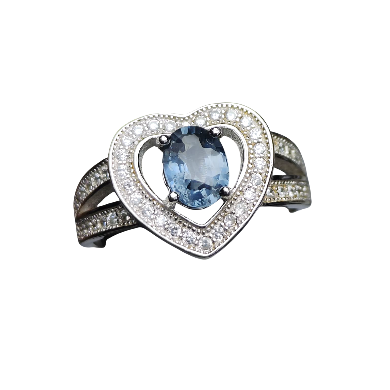 True Blue Heart: Natural Oval Blue Spinel Ring with CZ Pavé Heart Halo in 925 Silver
