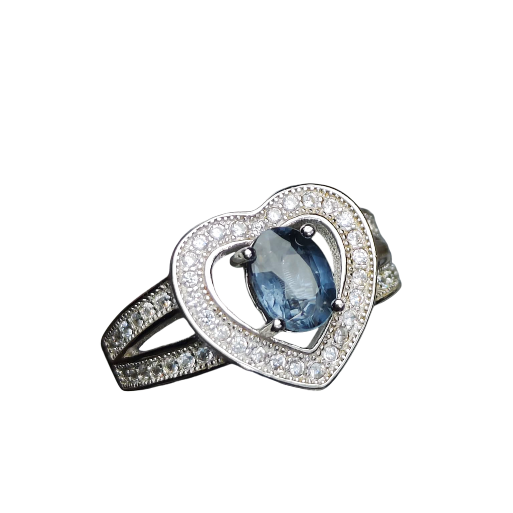 True Blue Heart: Natural Oval Blue Spinel Ring with CZ Pavé Heart Halo in 925 Silver