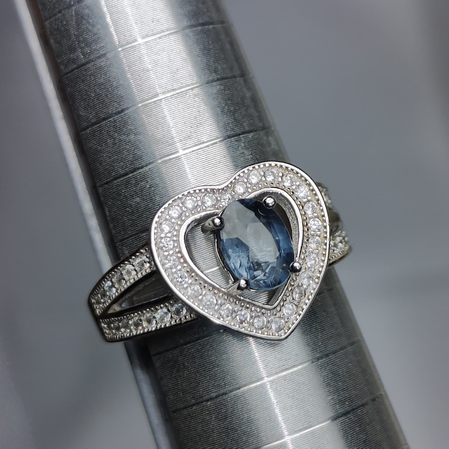 True Blue Heart: Natural Oval Blue Spinel Ring with CZ Pavé Heart Halo in 925 Silver
