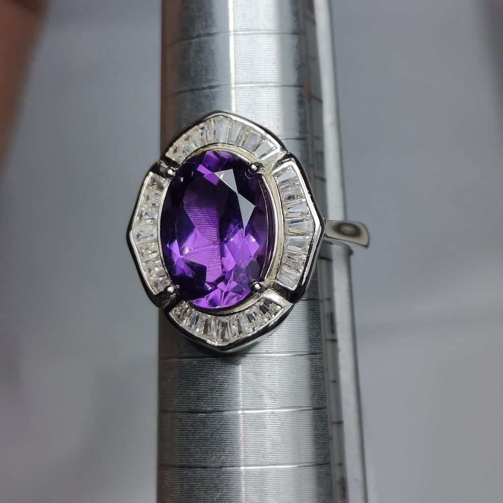 Art Deco Majesty: Natural Amethyst Statement Ring with Trapezoid CZ Halo in 925 Silver