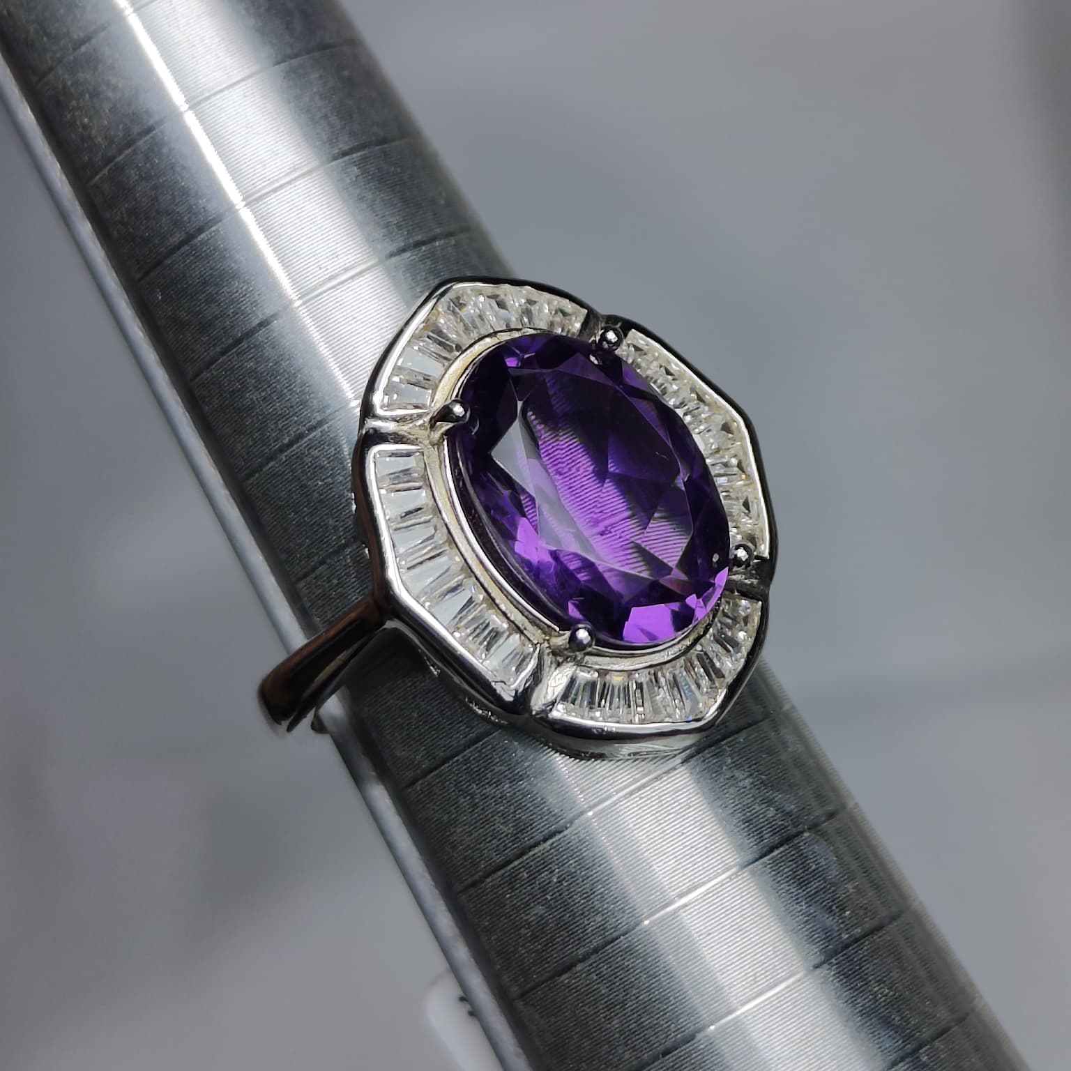 Art Deco Majesty: Natural Amethyst Statement Ring with Trapezoid CZ Halo in 925 Silver