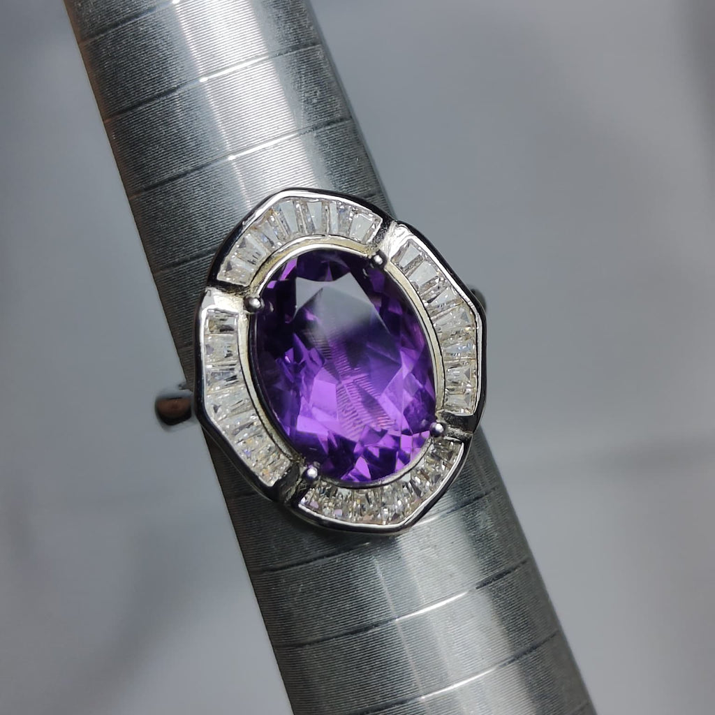 Art Deco Majesty: Natural Amethyst Statement Ring with Trapezoid CZ Halo in 925 Silver