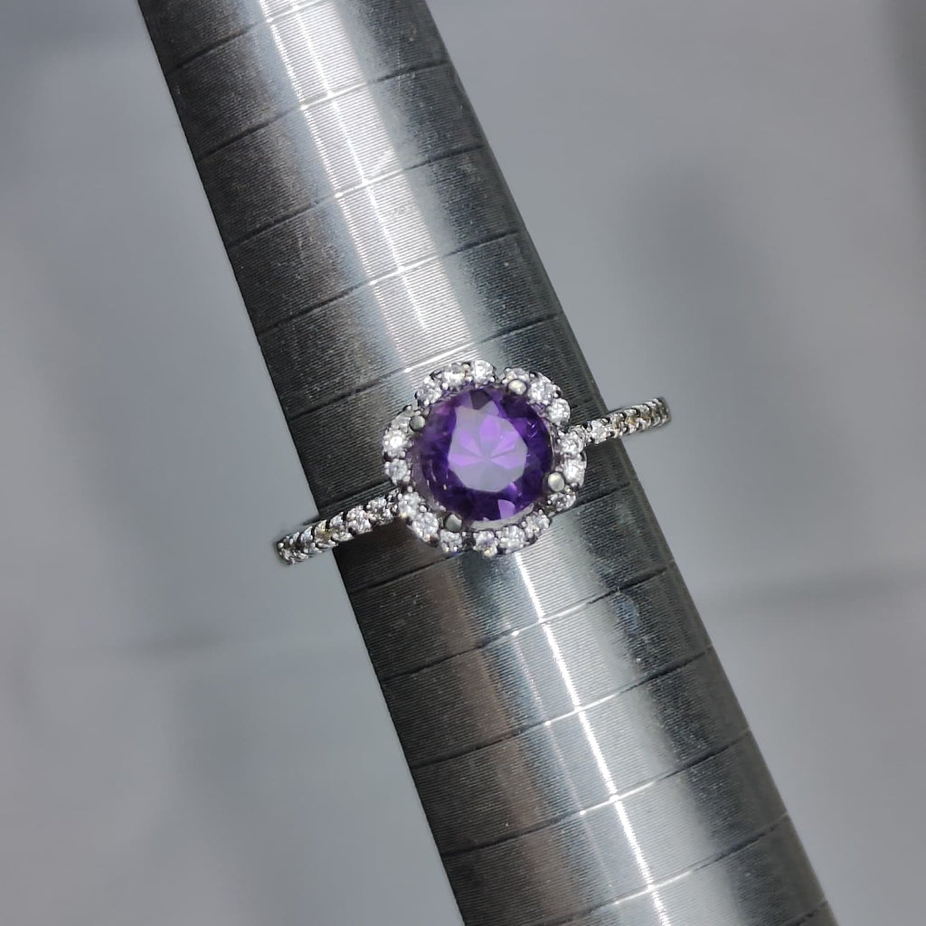 Violet Bloom: Natural Amethyst Solitaire Ring with CZ Halo in 925 Silver