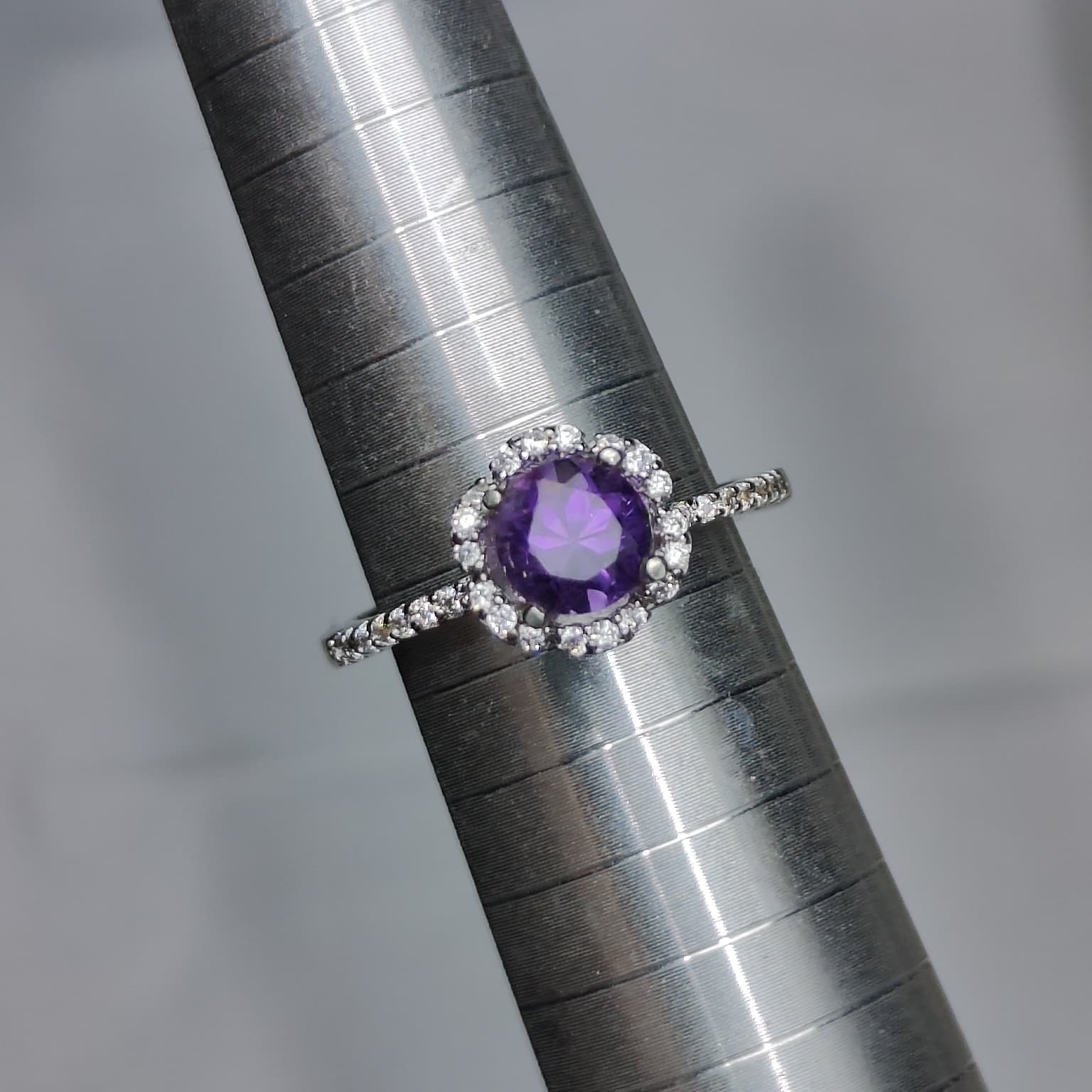 Violet Bloom: Natural Amethyst Solitaire Ring with CZ Halo in 925 Silver