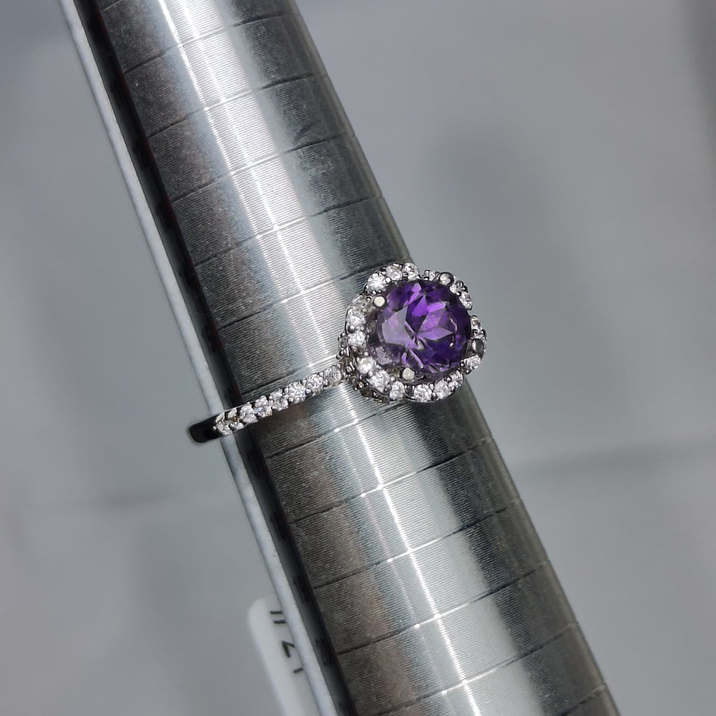 Violet Bloom: Natural Amethyst Solitaire Ring with CZ Halo in 925 Silver