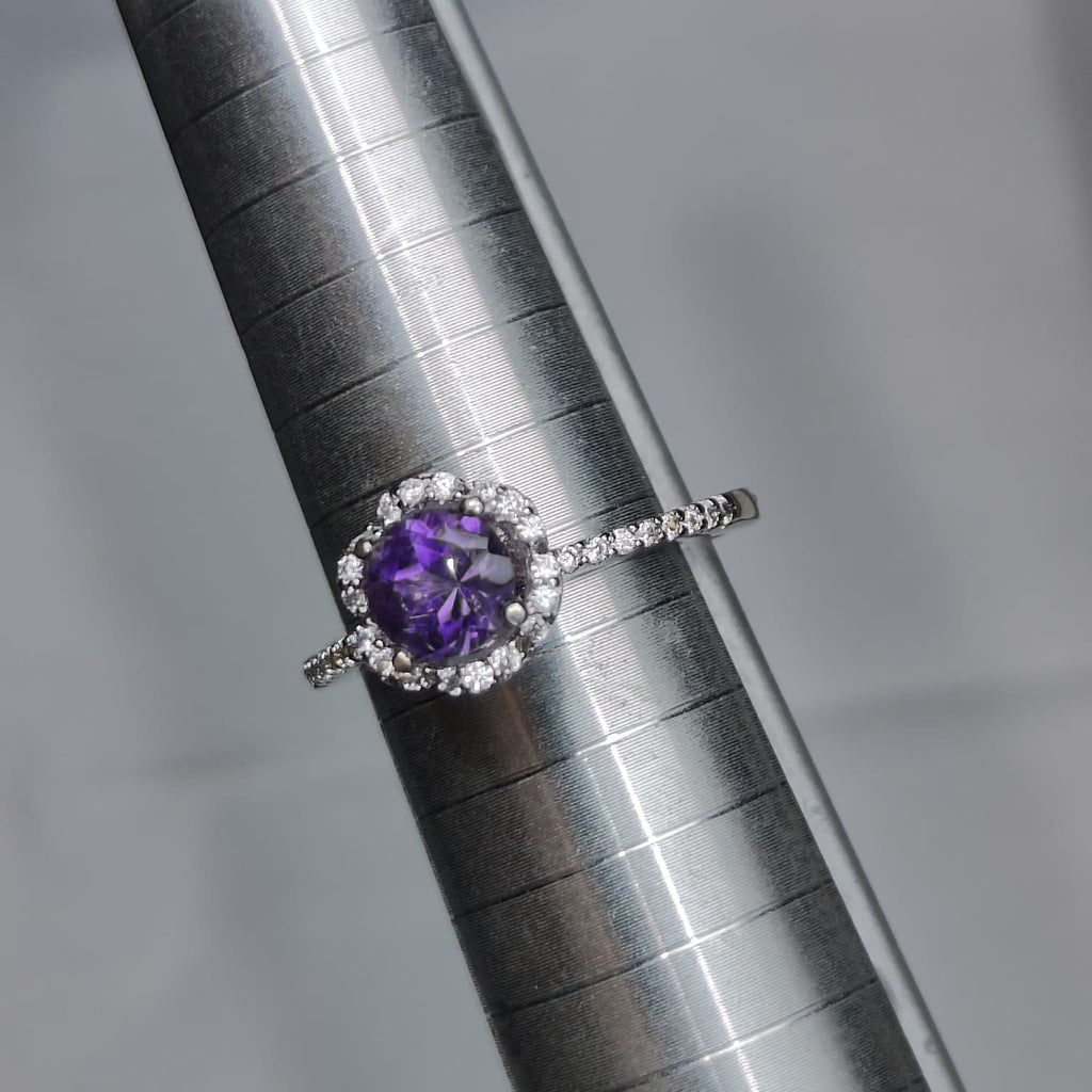 Violet Bloom: Natural Amethyst Solitaire Ring with CZ Halo in 925 Silver