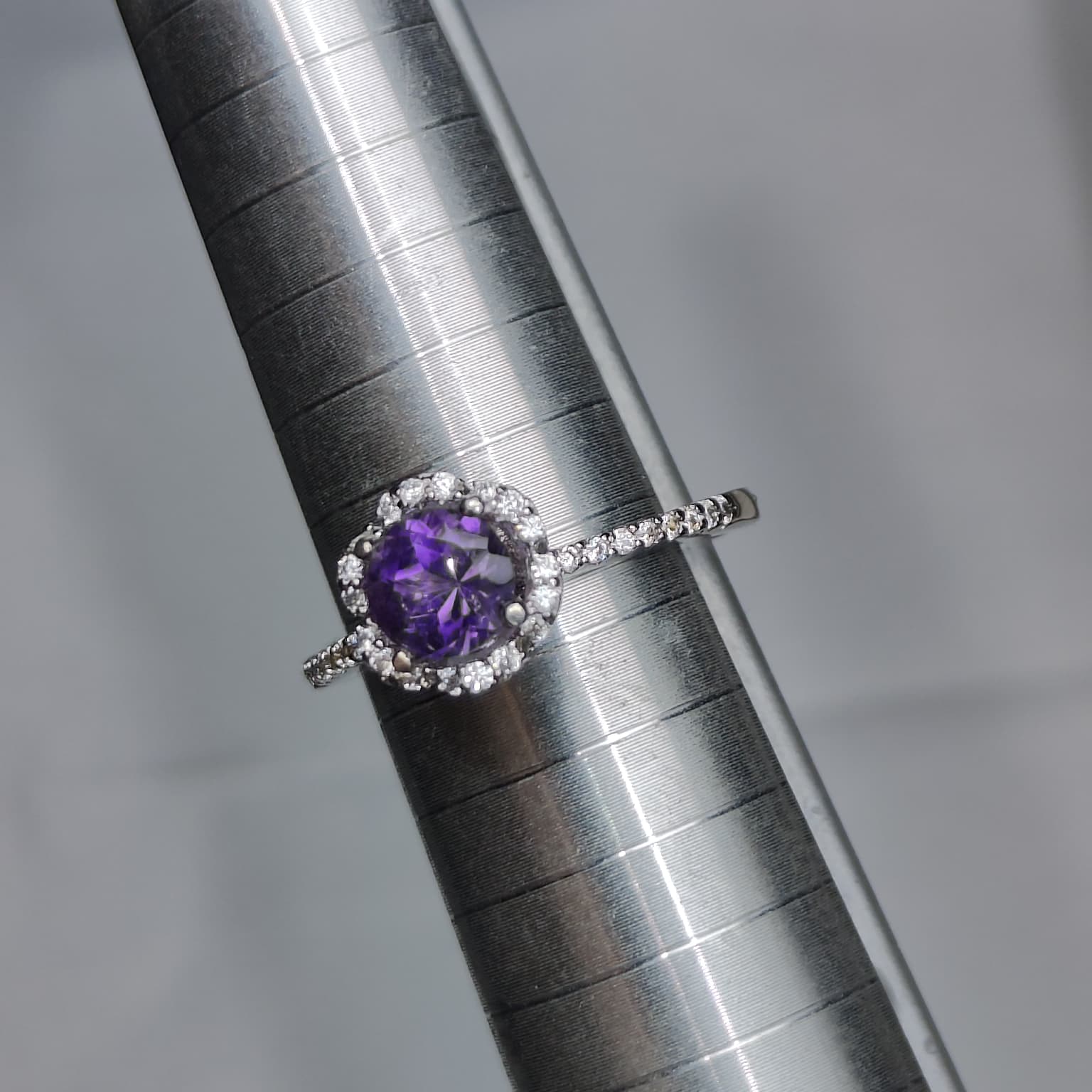 Violet Bloom: Natural Amethyst Solitaire Ring with CZ Halo in 925 Silver