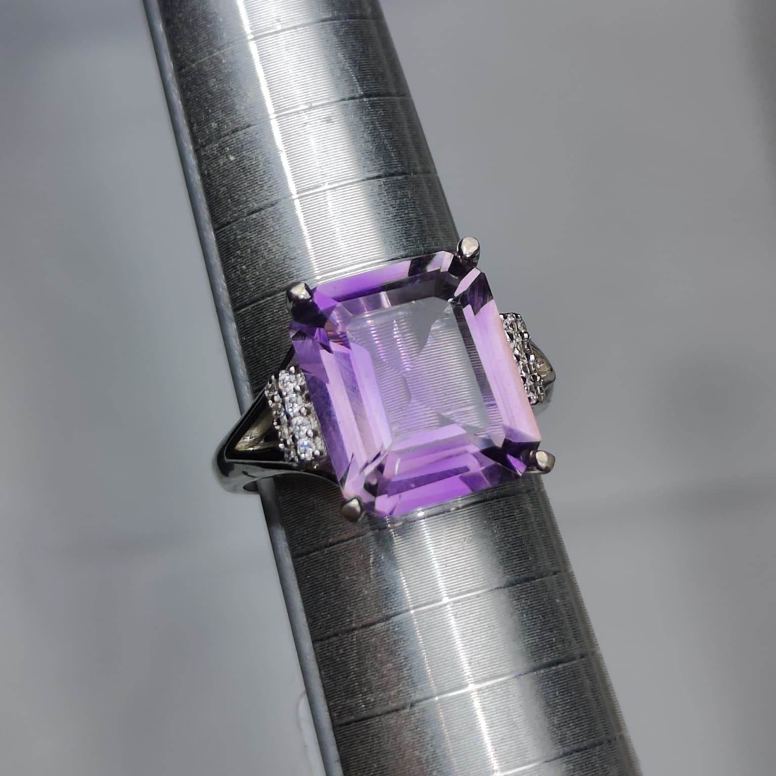 Royal Statement: Natural Emerald-Cut Amethyst Ring with CZ Shoulders in 925 Silver