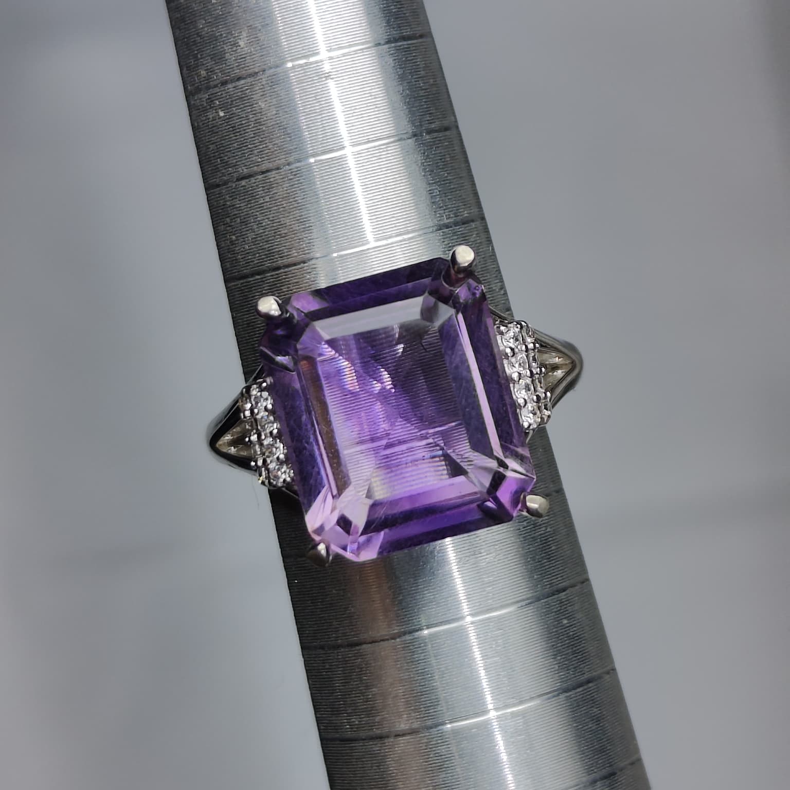 Royal Statement: Natural Emerald-Cut Amethyst Ring with CZ Shoulders in 925 Silver